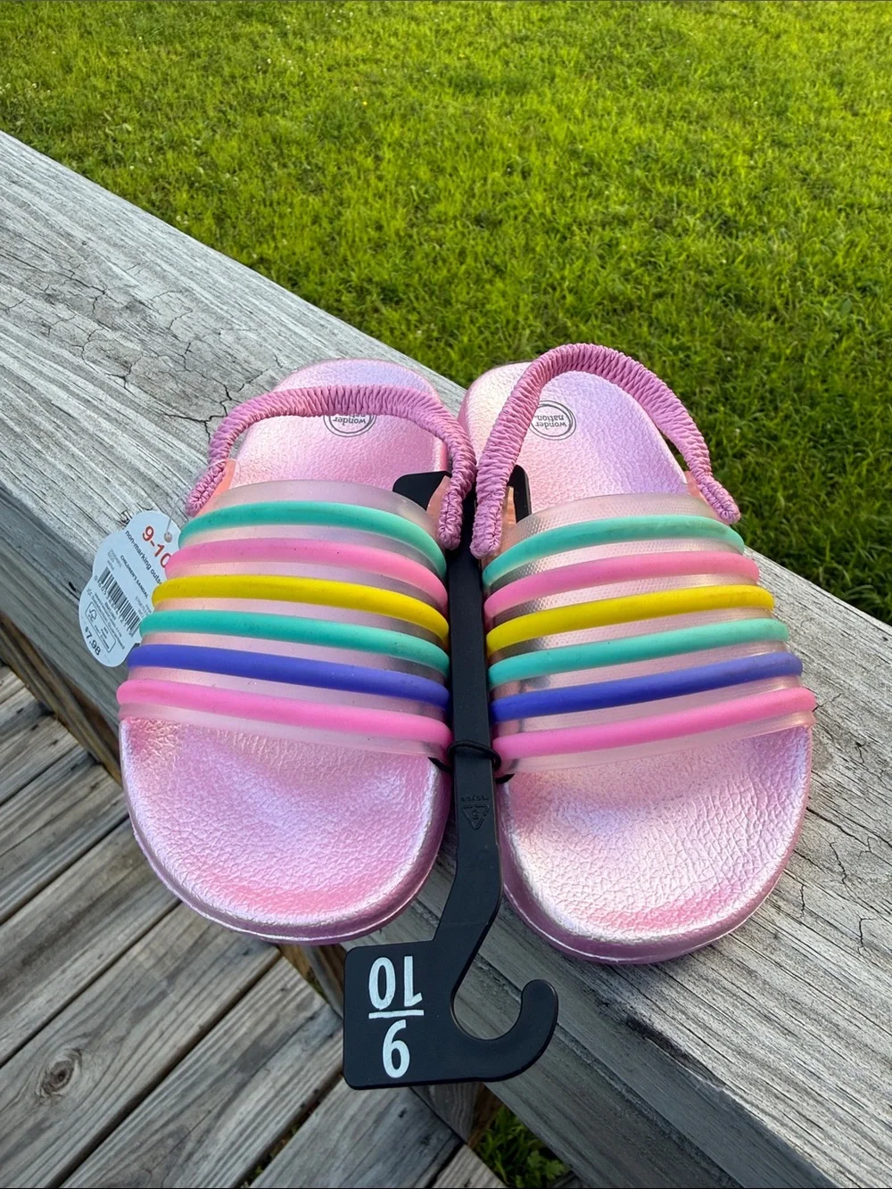 wonder nation Pink Slide Sandals with Multicolor Rainbow Straps